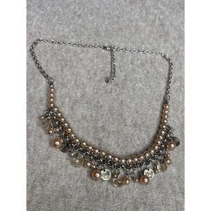 Silvertone Champagne Faux Pearl Bead Fringe Necklace Textured Disks 18 - 20 inch